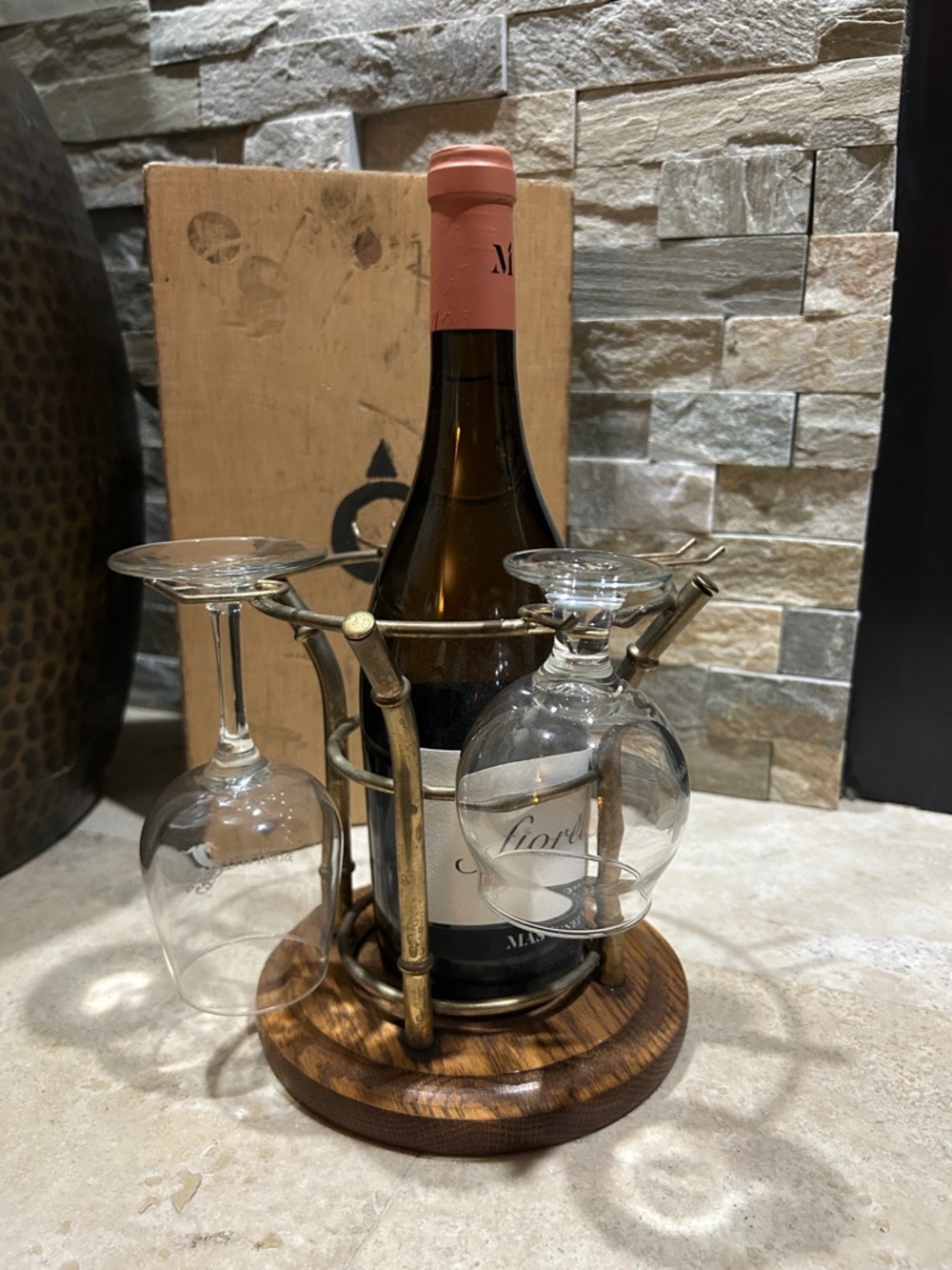 Wine Bottle and Glass Caddy- Antique Brass with Wood Base